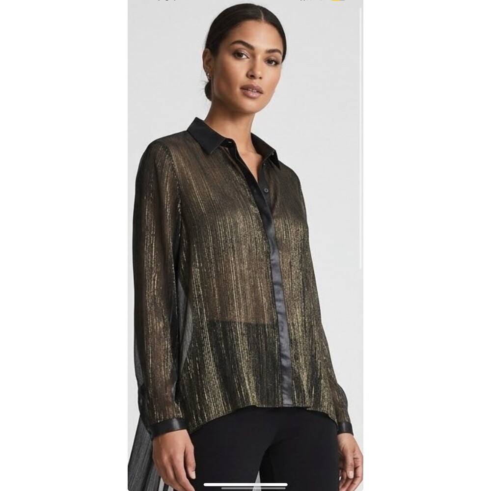 Tahari Sheer Metallic Long-Sleeve Blouse Black Gold
metallic button-down blouse